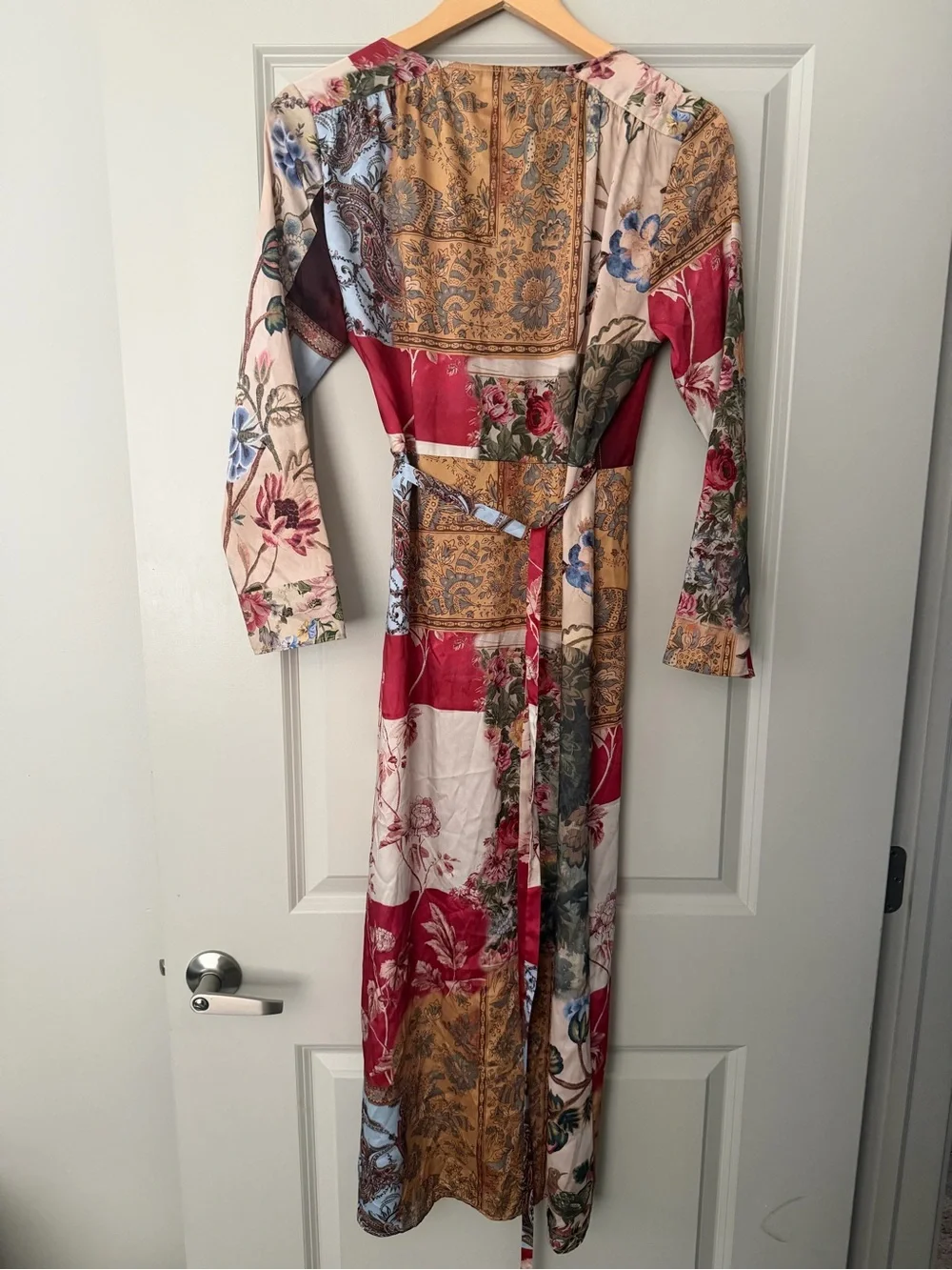 Zara Patchwork Floral Wrap Maxi Dress — Red, Green, Cream, Blue